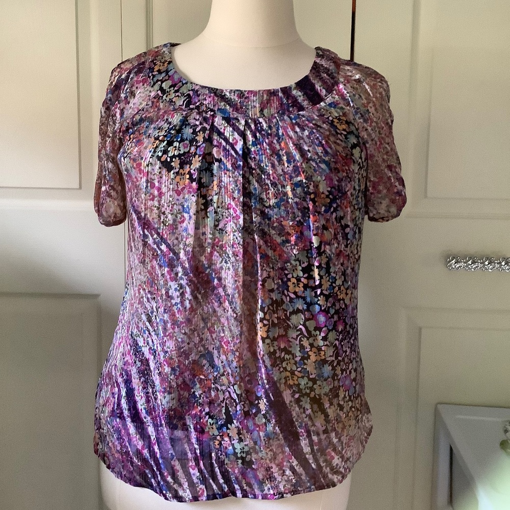 Roz and Ali Round Neck Floral Open Sleeve Lined Blouse L
